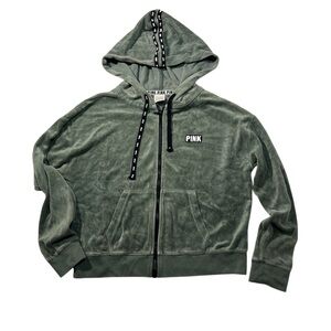 Victoria's Secret Pink Velour Full Zip Hoodie Olive Green